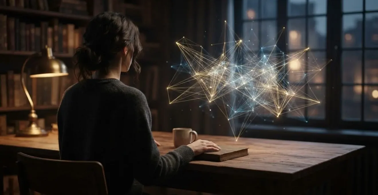 Illustration conceptuelle d'un redacteur de contenu entoure d'un reseau lumineux symbolisant les algorithmes de Google analysant et connectant les idees.