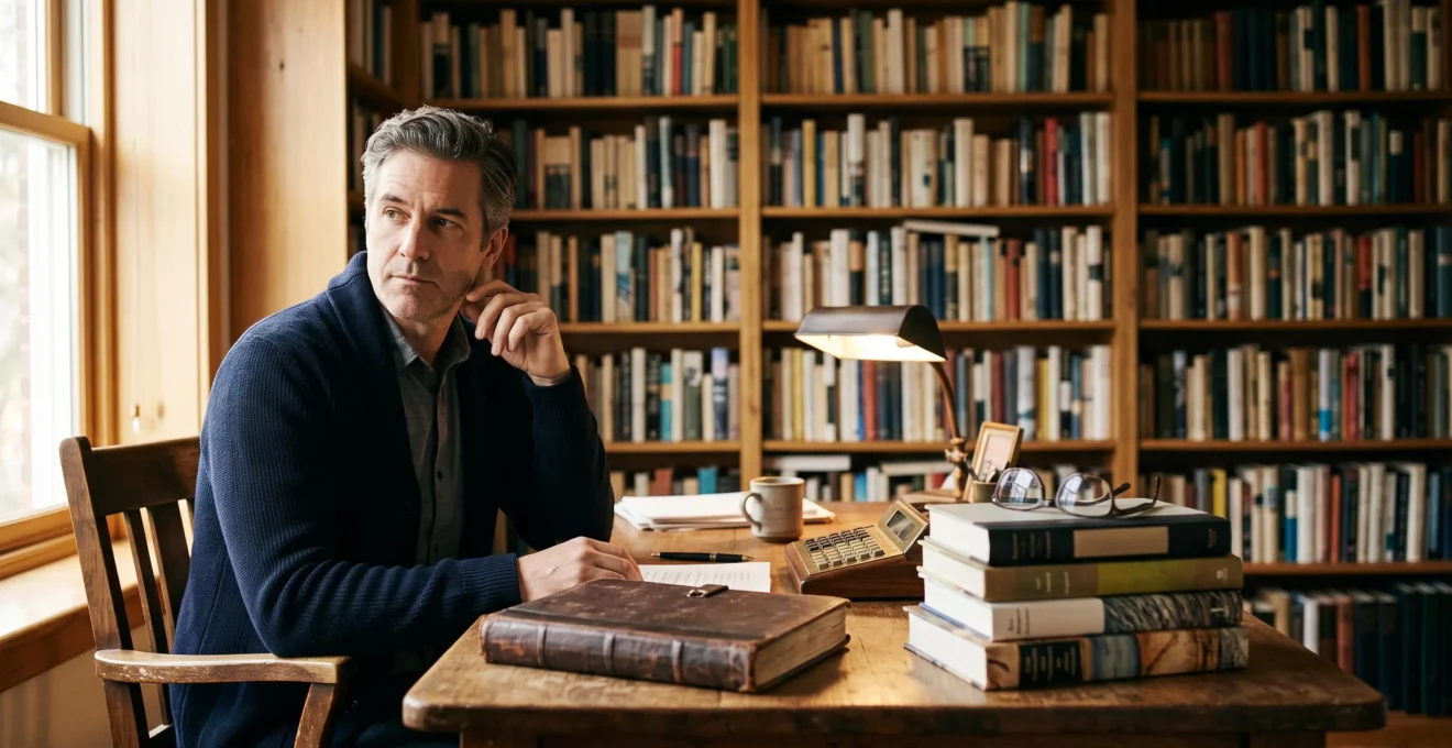 Un auteur assis à son bureau examine attentivement les clauses financières de son contrat d'édition, entouré de piles de livres