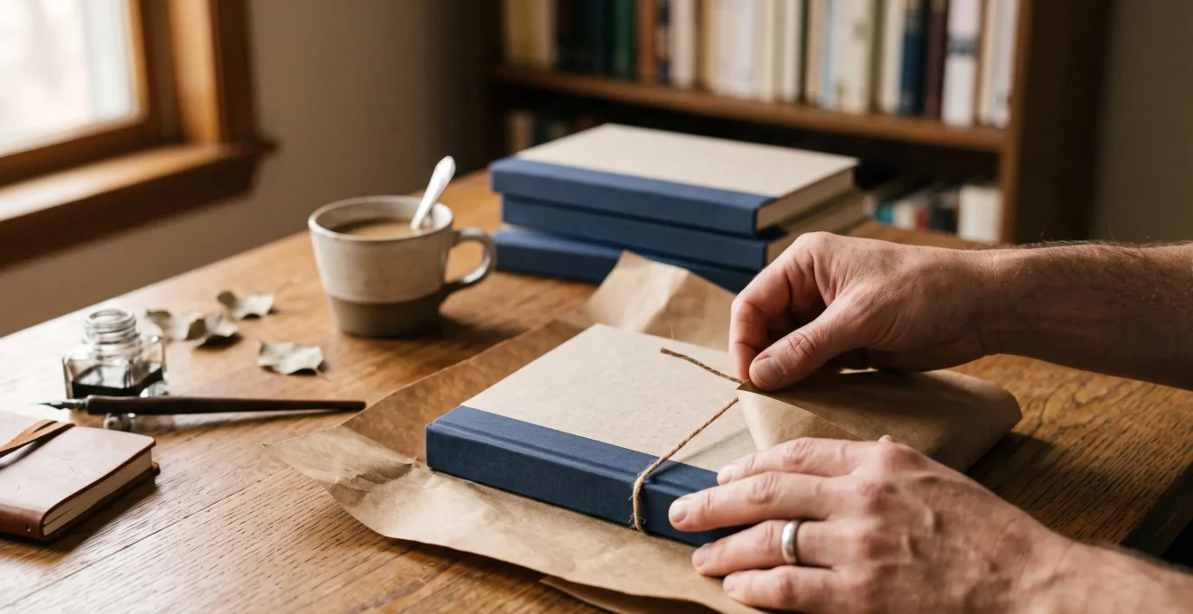 Auteur emballant avec soin un livre destiné à un lecteur, symbole de la vente directe et de l'indépendance éditoriale