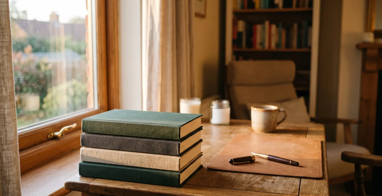 Auteur independant preparant son livre en autoedition dans un espace de travail lumineux et professionnel