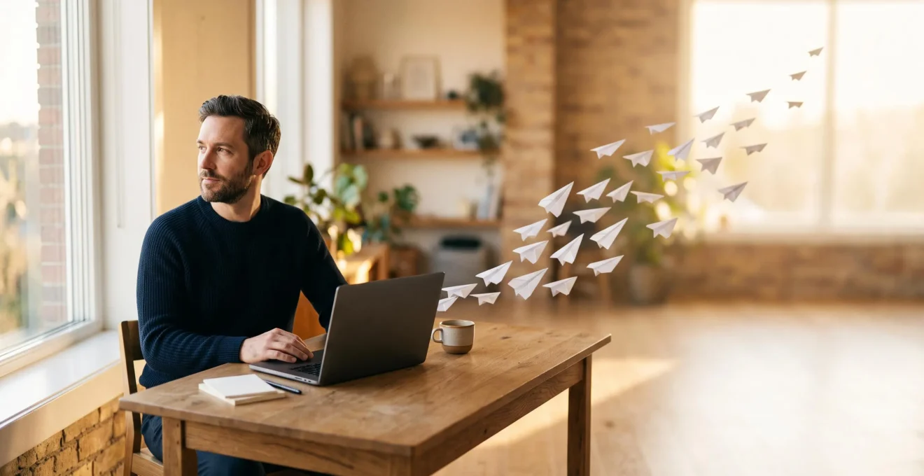 Entrepreneur travaillant a son bureau lumineux, symbolisant un blog qui genere des opportunites commerciales de maniere organique