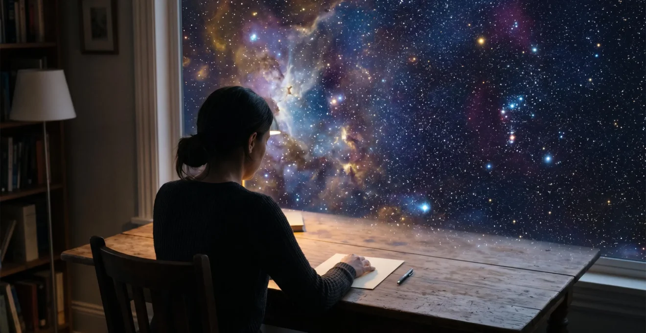 Un ecrivain de dos face a un bureau ou les papiers se fondent dans un ciel etoile symbolique, illustrant la creation d'un monde de science-fiction credible