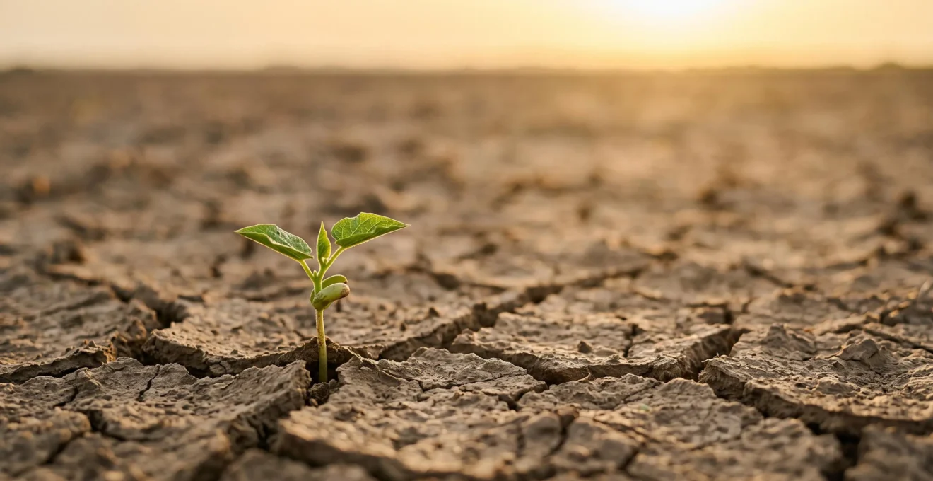 Jeune pousse verte perçant à travers un sol craquelé sous une lumière naturelle, symbolisant la croissance organique d'un site web sans publicité payante
