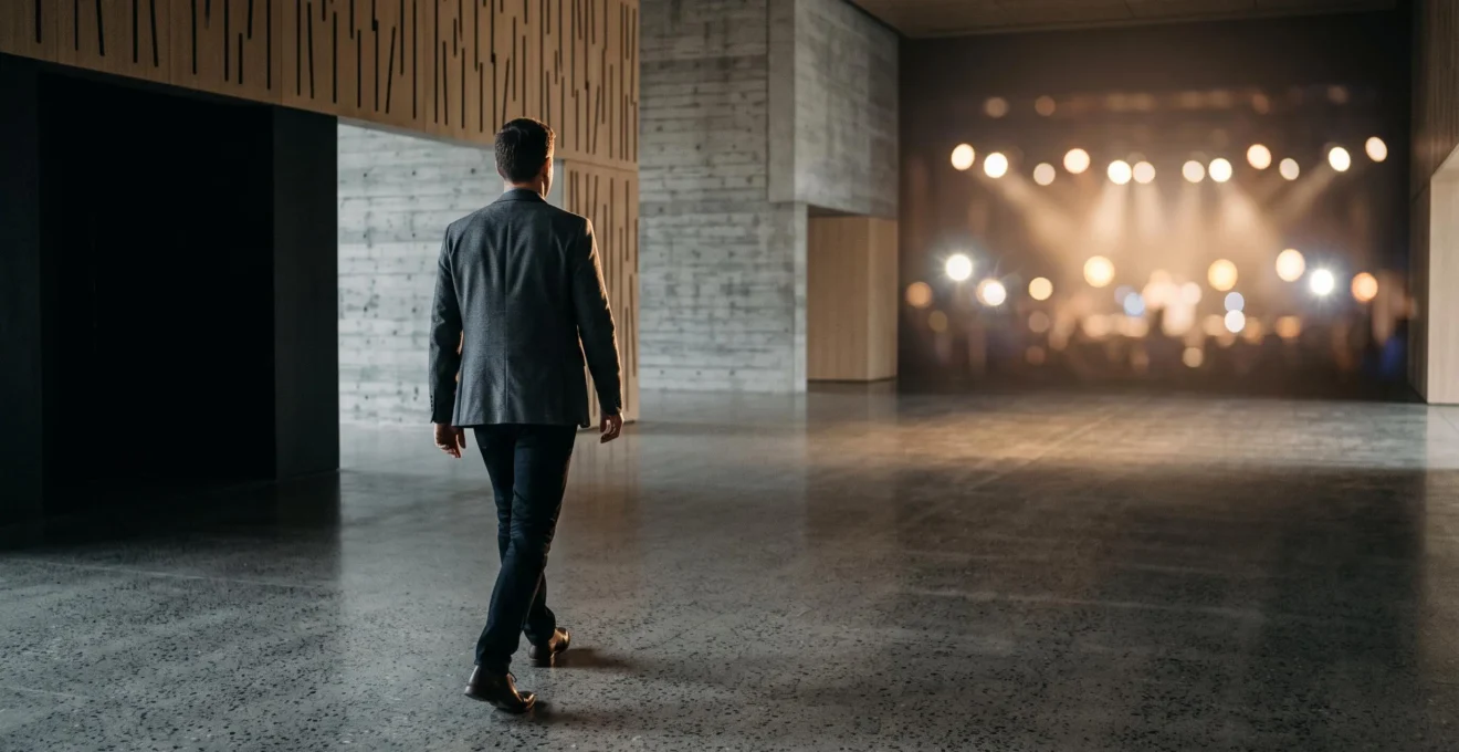 Silhouette d'un professionnel marchant vers une lumière de projecteurs symbolisant sa transformation en expert reconnu par les médias
