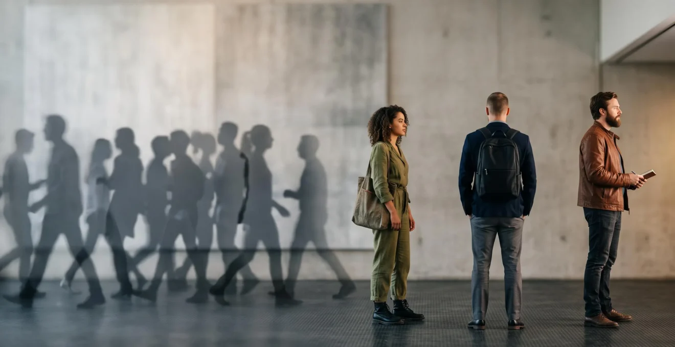 Composition symbolique montrant une foule de silhouettes floues se transformant progressivement en trois portraits nets et distincts