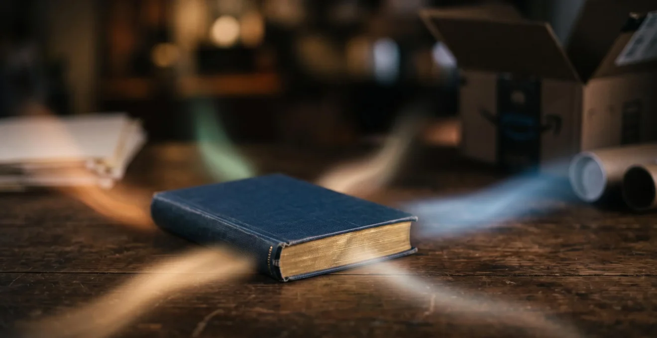 Un livre relié posé au centre d'une table en bois, d'où partent symboliquement plusieurs faisceaux de lumière représentant différents canaux de diffusion