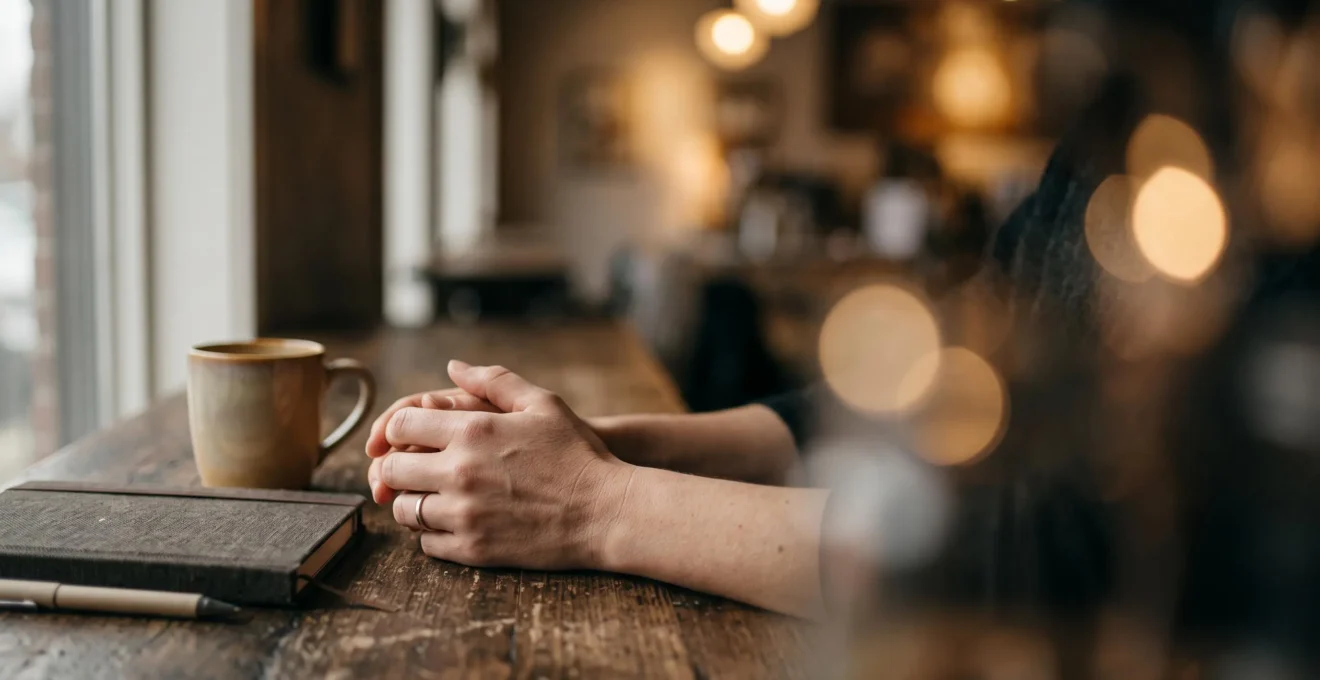 Une personne rédige un texte à une table en bois, entourée de bulles de lumière suggérant un dialogue naissant, dans une ambiance éditoriale chaleureuse
