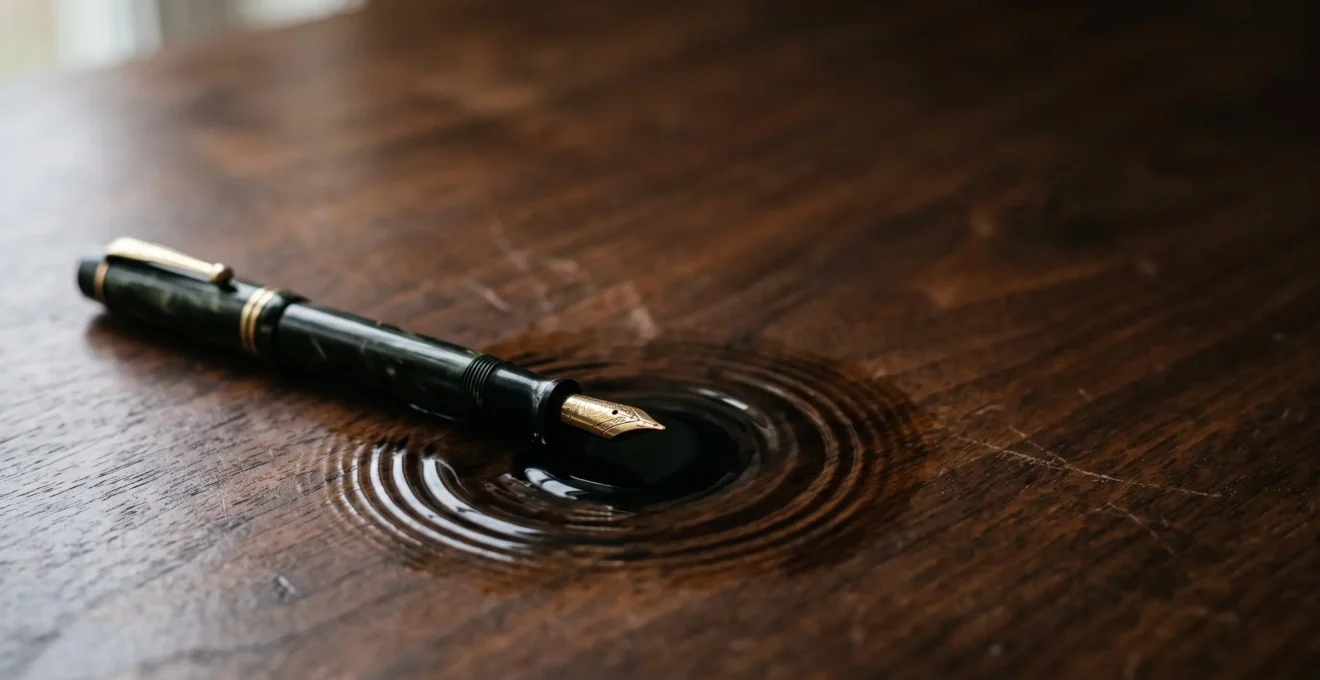 Stylo plume posé sur un bureau en bois sombre créant deux ondulations symétriques dans une flaque d'encre, symbolisant le pouvoir de l'écriture qui double l'impact