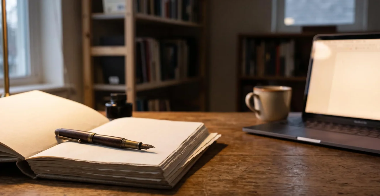 Écrivain à sa table de travail, entre un manuscrit papier et la lueur discrète d'un écran, symbole de l'équilibre entre exigence littéraire et attentes numériques