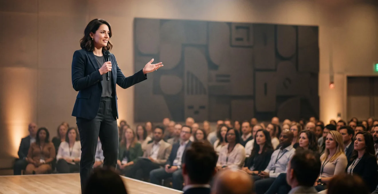 Silhouette d'un expert s'exprimant avec assurance devant une audience attentive, symbolisant la reconnaissance professionnelle acquise grâce au contenu