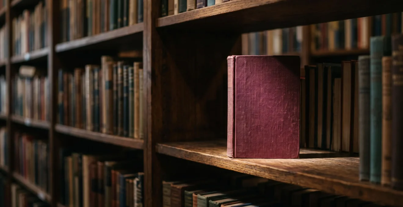 Un livre unique se distinguant par une lumière douce parmi des rangées de livres flous, symbolisant la découvrabilité grâce aux métadonnées
