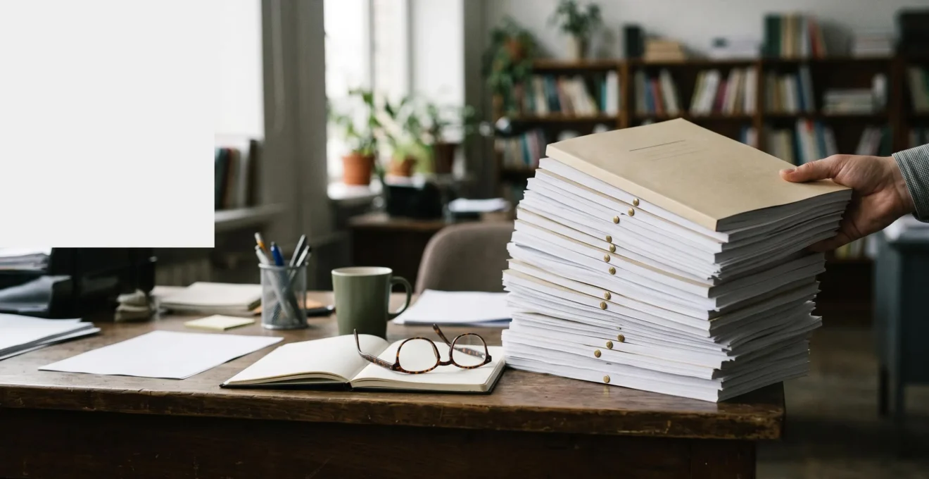 Pile de manuscrits sur le bureau d'un éditeur, symbolisant le tri rapide et le rejet en quelques secondes
