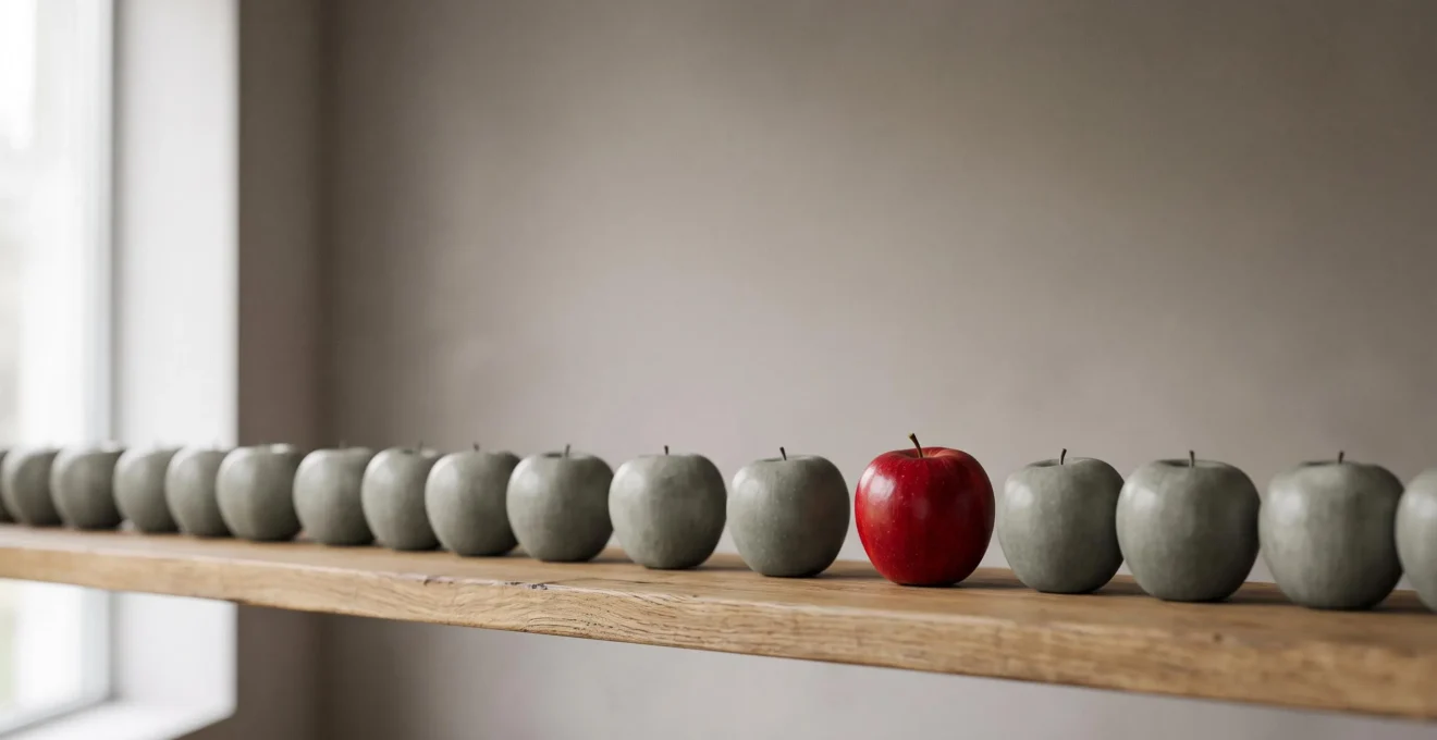Une pomme rouge vive se détachant parmi des pommes grises alignées, symbolisant un message publicitaire qui capte l'attention et déclenche l'action
