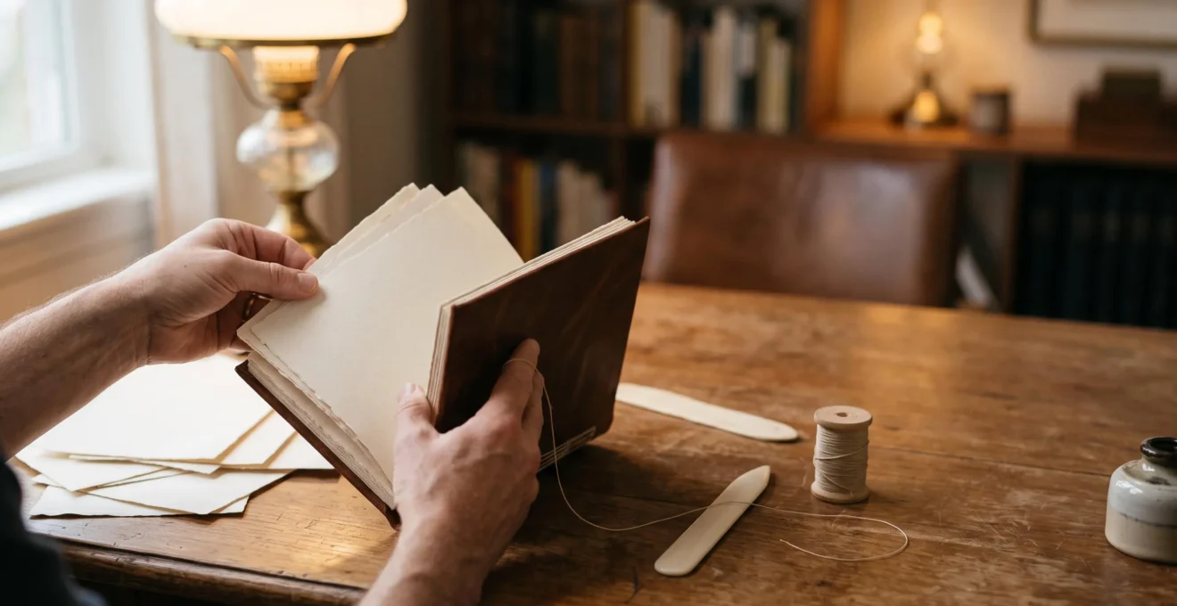 Mains d'un auteur organisant avec soin les pages d'un livre relié sur un bureau en bois, symbolisant le passage d'un manuscrit brut à une mise en page digne d'un grand éditeur