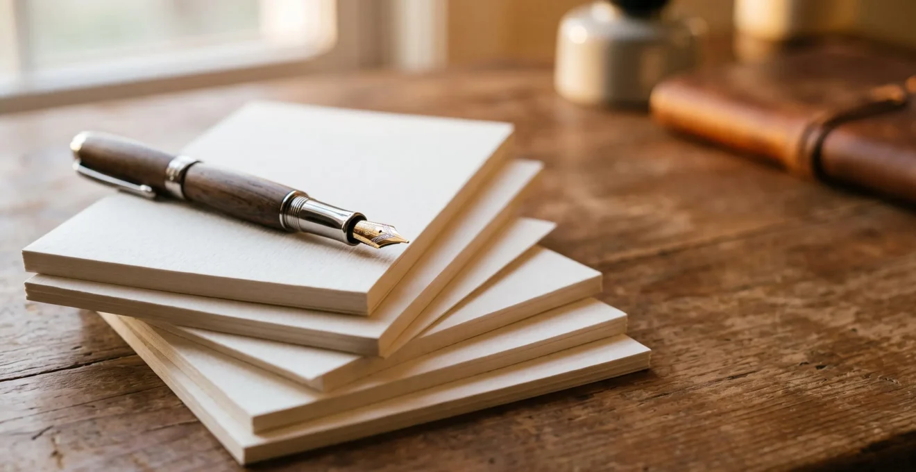 Illustration symbolique d'un stylo plume posé sur une pile de feuillets disposés en escalier, évoquant l'ascension professionnelle d'un rédacteur