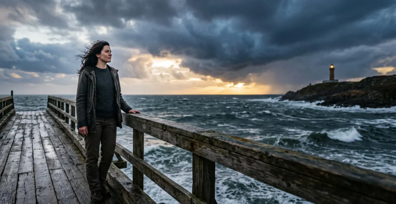 Une personne se tenant avec assurance sur une jetée face à une mer agitée, avec un phare stable en arrière-plan, symbole de la protection d'un site face aux mises à jour Google