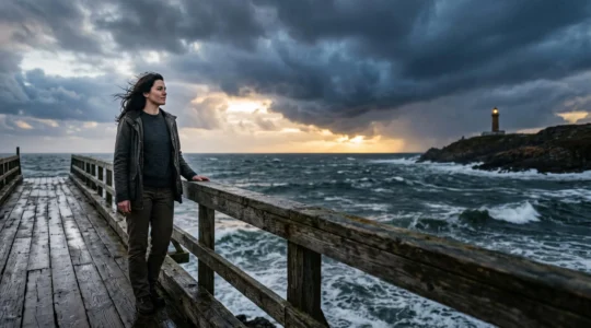 Une personne se tenant avec assurance sur une jetée face à une mer agitée, avec un phare stable en arrière-plan, symbole de la protection d'un site face aux mises à jour Google
