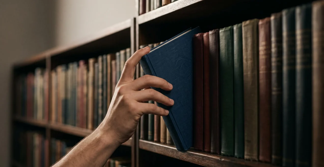 Une main plaçant délicatement un livre parmi une rangée de livres alignés, symbolisant le référencement algorithmique sur Amazon et Kobo