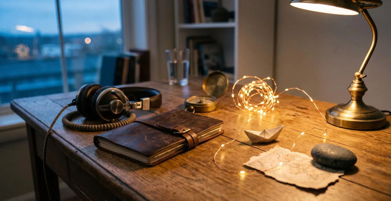 Bureau d'écrivain la nuit avec un carnet ferme entoure de petits fils lumineux symbolisant un univers narratif qui se deploie sur plusieurs supports
