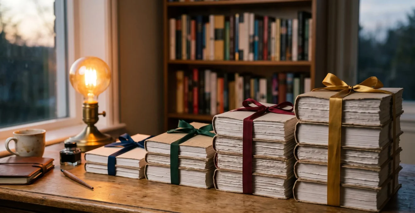 Photographie editoriale symbolisant la construction d'une serie litteraire captivante, avec plusieurs manuscrits empiles representant les tomes a venir