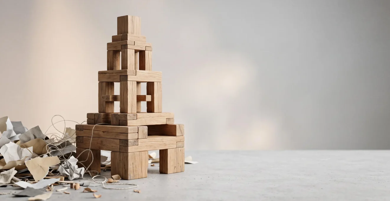 Représentation visuelle abstraite d'une structure architecturale organisée symbolisant le balisage HTML et son influence sur le référencement Google