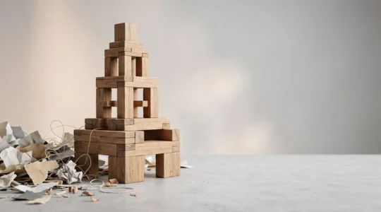 Représentation visuelle abstraite d'une structure architecturale organisée symbolisant le balisage HTML et son influence sur le référencement Google
