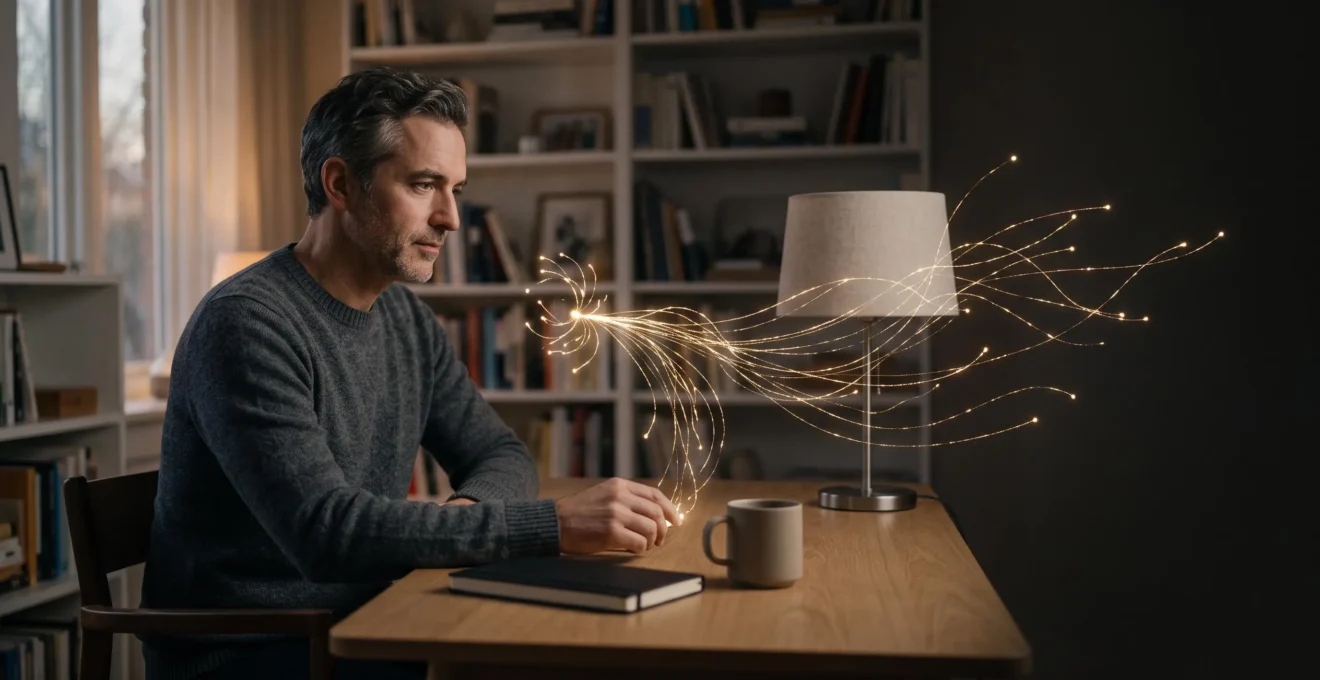 Un auteur assis à un bureau épuré observe un réseau lumineux de connexions représentant sa stratégie médiatique de lancement, sans écran ni document visible