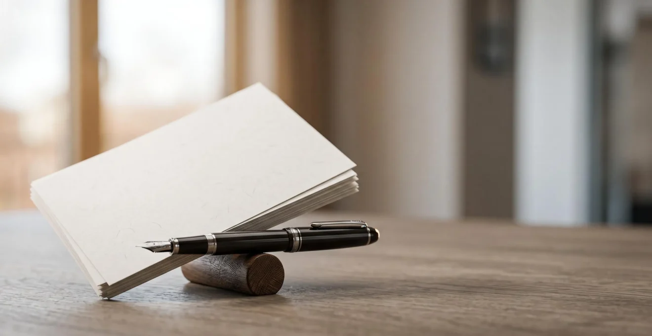 Un stylo plume en équilibre comme un levier soulevant une pile de documents, symbolisant l'influence par l'écrit en entreprise