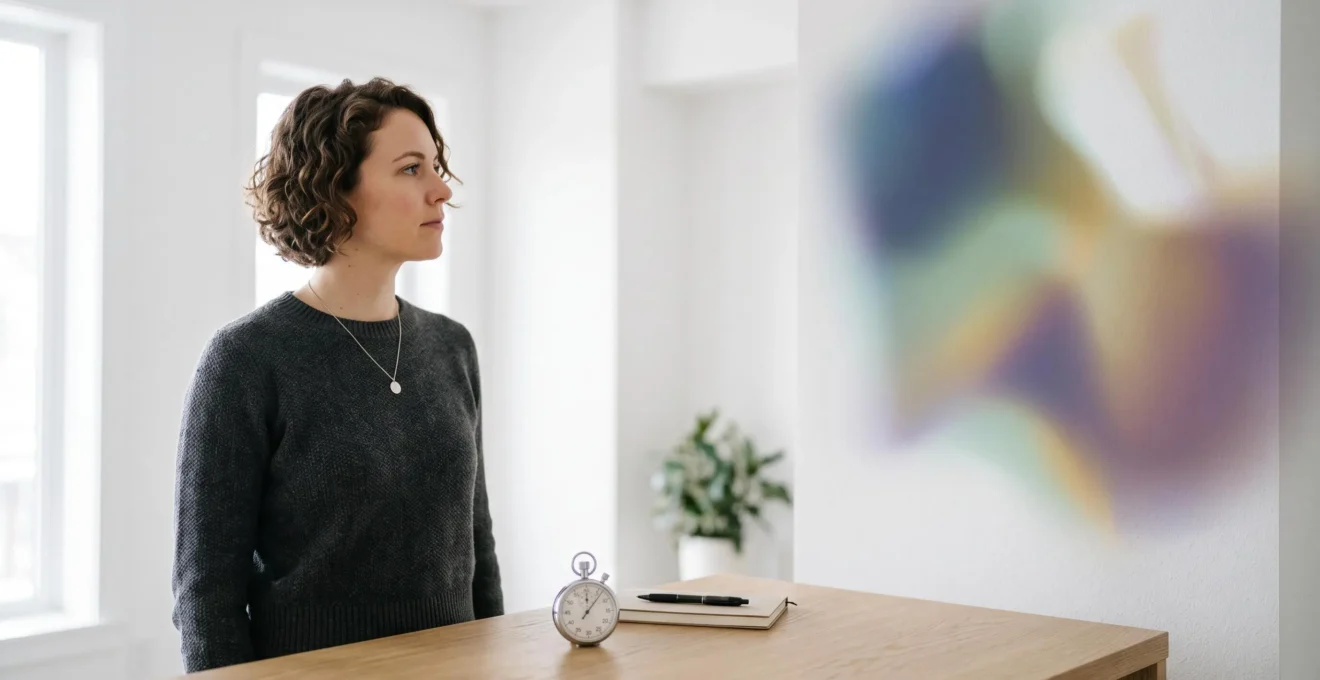 Une personne analyse en quelques minutes les performances de ses contenus grâce à un tableau de bord visuel épuré, symbolisant la priorisation rapide des optimisations.