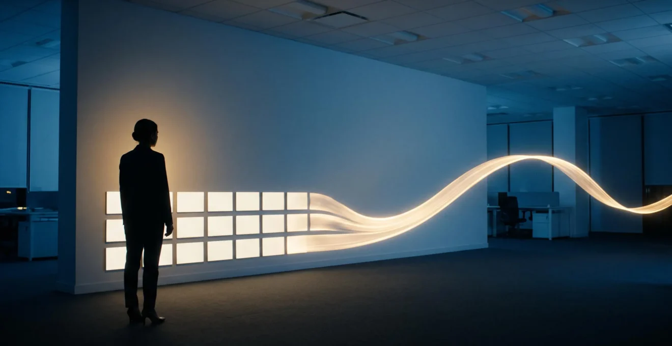 Silhouette professionnelle face a un mur ou des diapositives anonymes se transforment en un ruban de lumiere narratif